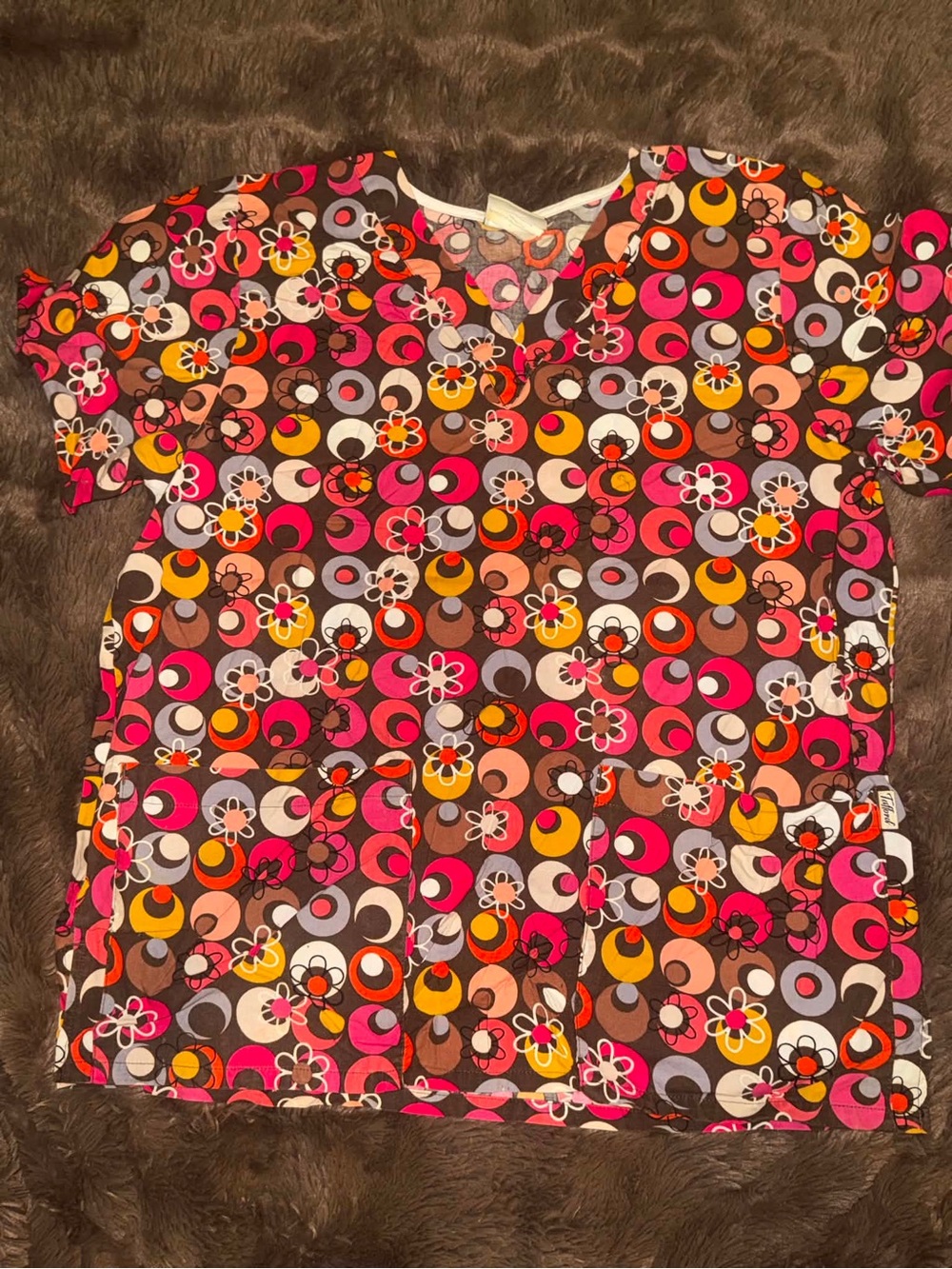 Tafford Short Sleeve V-Neck Scrub Top in Brown, Pink & Orange Floral Print